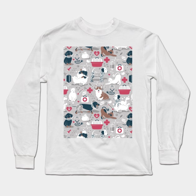 Veterinary medicine, happy and healthy friends // pattern // grey background red details navy blue white and brown cats dogs and other animals Long Sleeve T-Shirt by SelmaCardoso